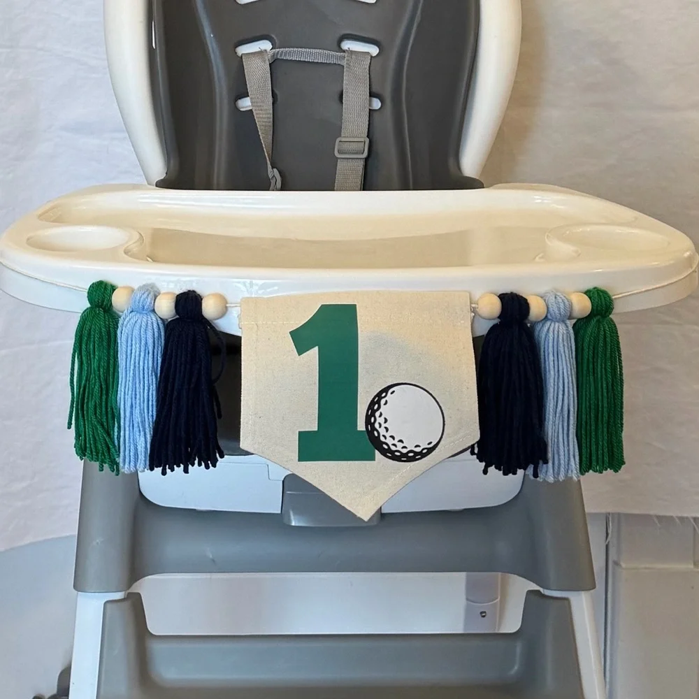First Birthday Golf High Chair Banner — Green, Blue & White